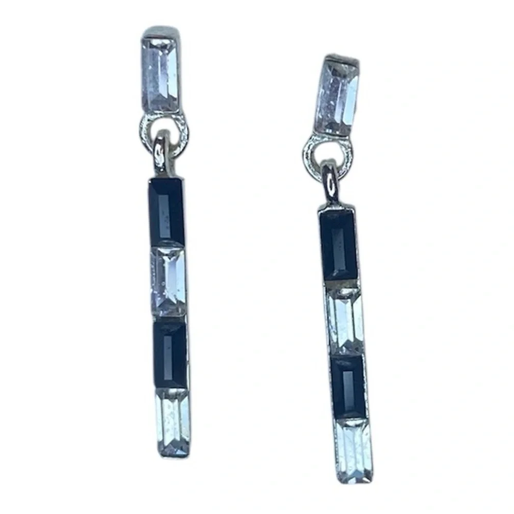 ART DECO DROP EARRINGS with Stud Posts in Black Onyx and Rhinestone Decor